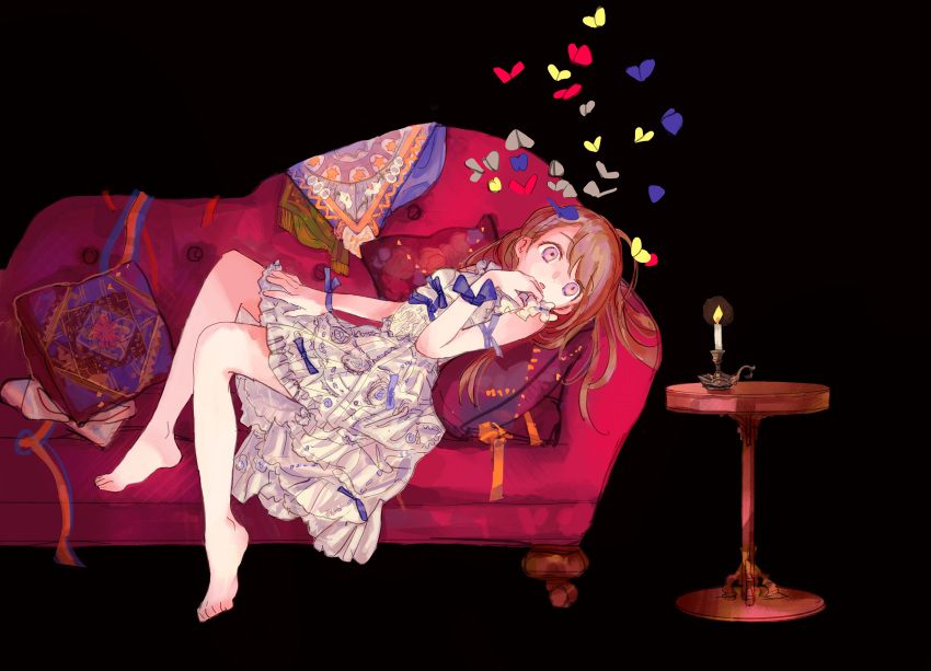 1girl barefoot black_background brown_hair bug butterfly candle couch dress frilled_dress frills from_side hair_spread_out hand_on_own_thigh hand_up highres looking_afar original parted_lips pillow pink_eyes qwok32 reclining ribbon solo table white_dress
