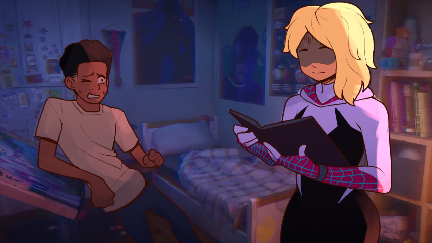 1boy 1girl bedroom bodysuit book casual chromatic_aberration dark-skinned_male dark_skin gwen_stacy highres holding holding_book hood hood_down marvel miles_morales no_eyes one_eye_closed open_book shaded_face shinki_art short_hair spider-gwen spider-man:_across_the_spider-verse_(part_one) spider-man:_into_the_spider-verse spider-man_(series) spider_web_print superhero very_dark_skin