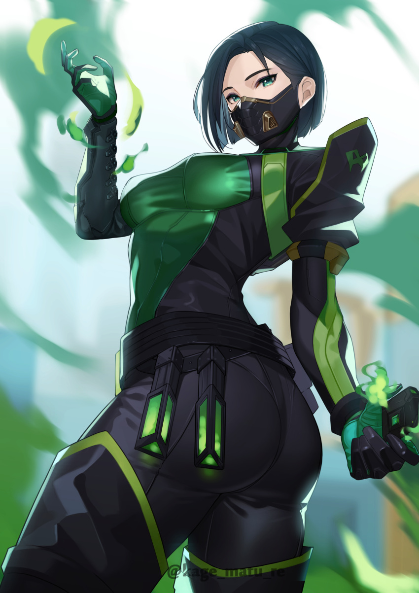 1girl absurdres armor ass belt black_belt black_bodysuit black_hair blurry blurry_background bodysuit breasts covered_mouth cowboy_shot explosive forehead from_behind green_bodysuit green_eyes green_smoke grenade hand_up highres holding holding_grenade holster kagematsuri looking_at_viewer looking_back looking_down medium_breasts poison respirator revision short_hair shoulder_armor solo thigh-highs twisted_torso twitter_username two-tone_bodysuit valorant vial viper_(valorant)