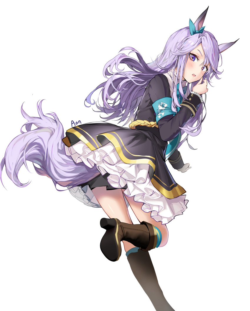 1girl a_(sofi3103) absurdres animal_ears bangs black_dress blush boots bow dress frills hair_bow highres horse_ears horse_girl horse_tail long_hair long_sleeves looking_at_viewer looking_back purple_hair purple_tail solo tail umamusume violet_eyes