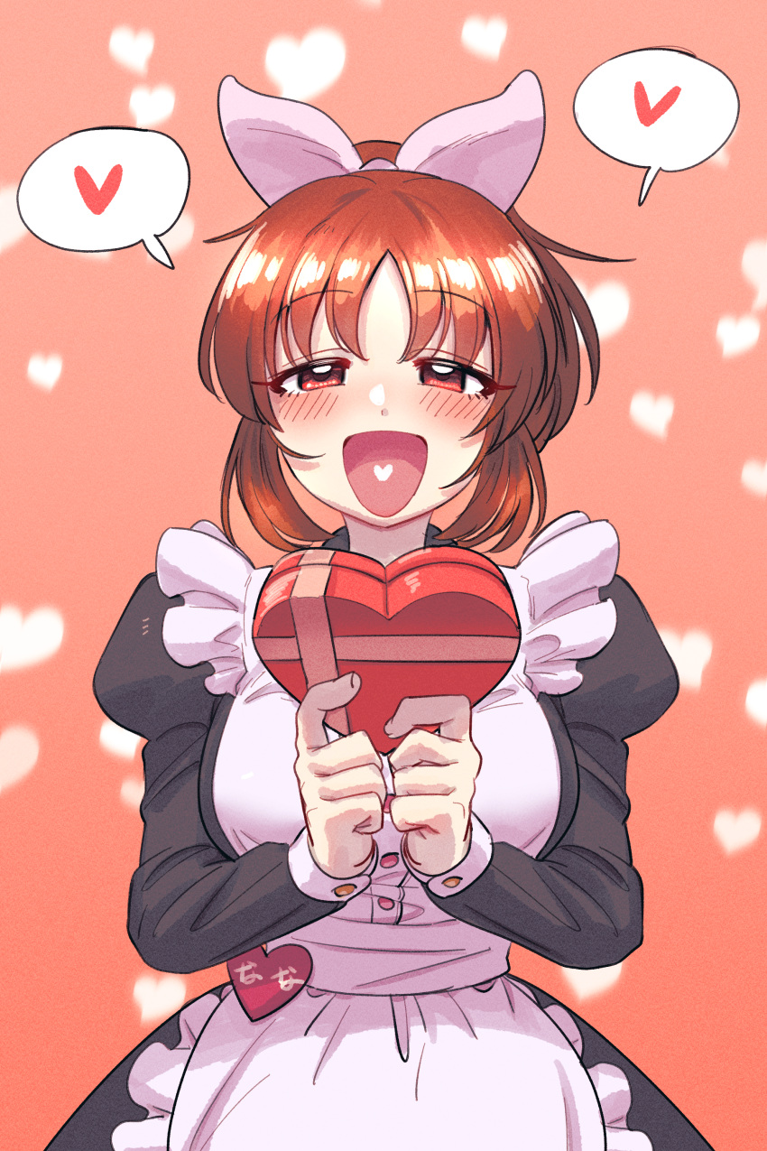 1girl :d abe_nana absurdres blush bow box breasts dress eyebrows_visible_through_hair gift gift_box hair_bow half-closed_eyes heart heart-shaped_box heart_background highres hobgoblin-kim idolmaster idolmaster_cinderella_girls juliet_sleeves large_breasts long_sleeves looking_at_viewer maid name_tag orange_hair pinafore_dress ponytail puffy_sleeves simple_background smile solo speech_bubble spoken_heart upper_body