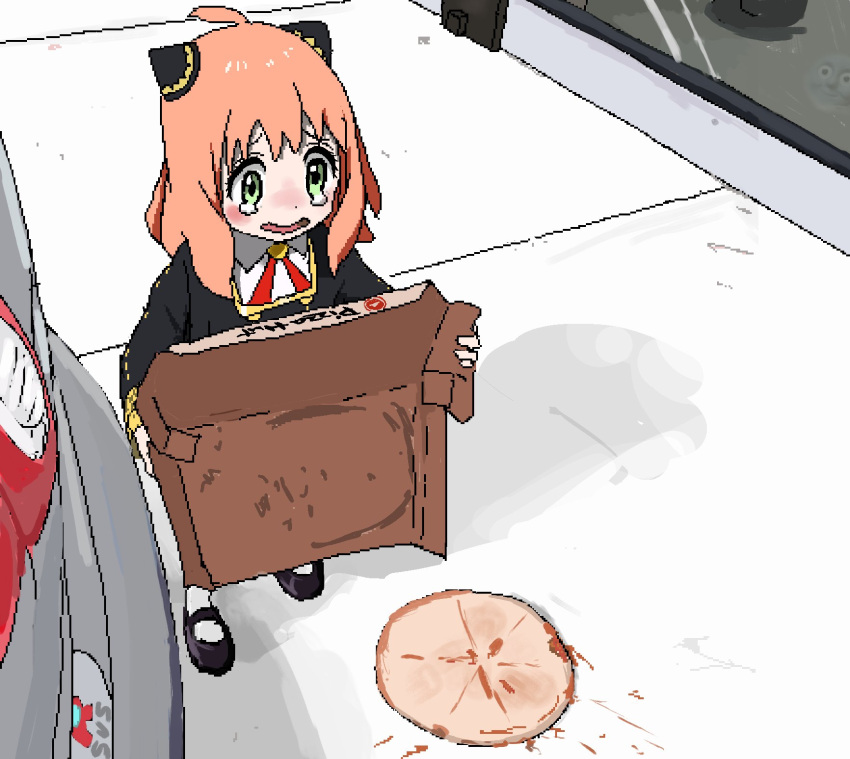 1girl aiu404l among_us anya_(spy_x_family) blush car child crying crying_with_eyes_open dress failure food green_eyes ground_vehicle highres meme motor_vehicle oekaki outdoors pink_hair pizza pizza_box pizza_hut solo spy_x_family tears