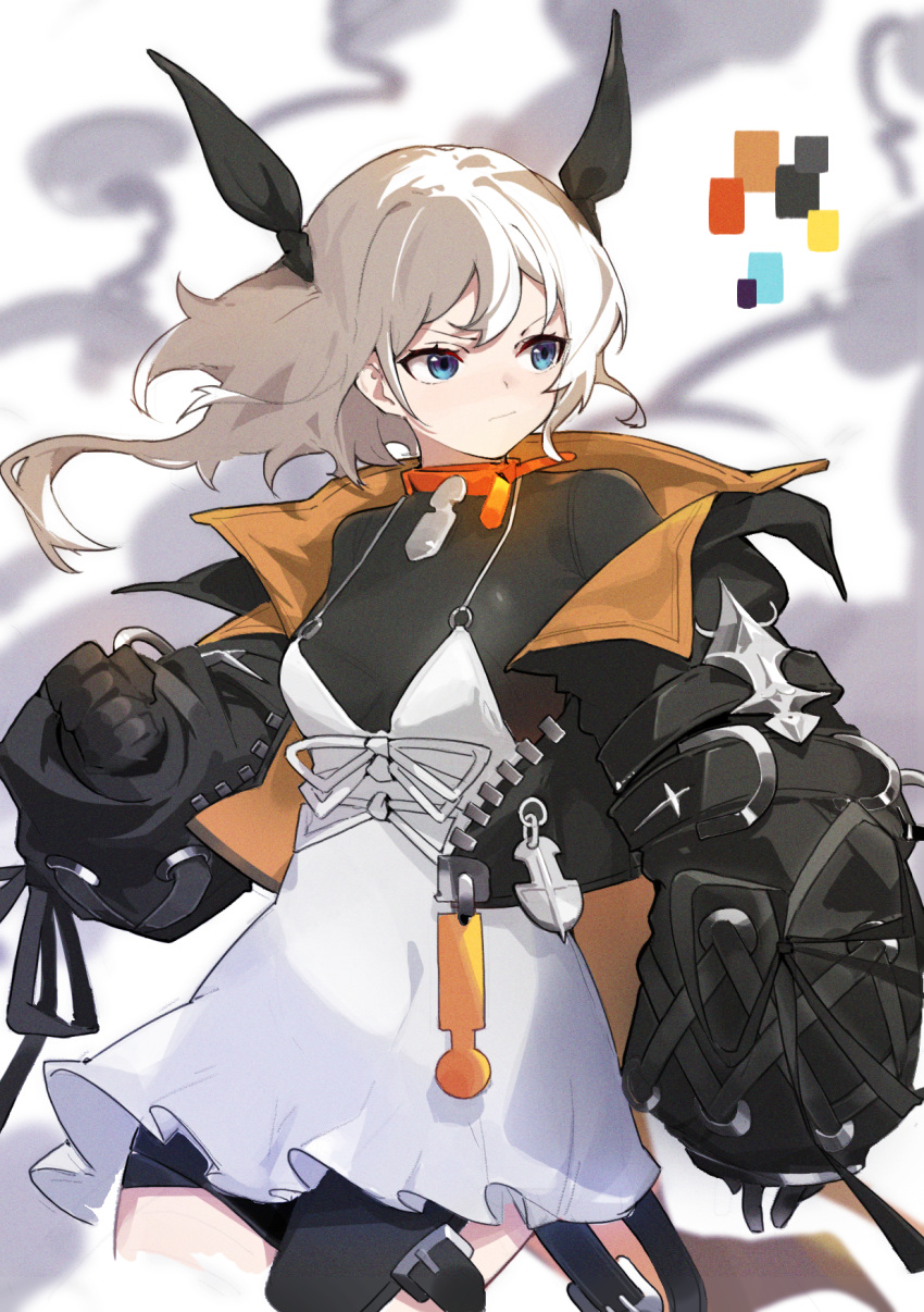 1girl bangs black_gloves black_jacket black_ribbon black_shirt blue_eyes blurry blurry_background clenched_hand closed_mouth depth_of_field dress gloves hair_ribbon highres jacket long_sleeves looking_away looking_to_the_side o-ring original puffy_long_sleeves puffy_sleeves ribbon shirt siguma_(13238772100) sleeveless sleeveless_dress sleeves_past_wrists solo v-shaped_eyebrows white_dress white_hair