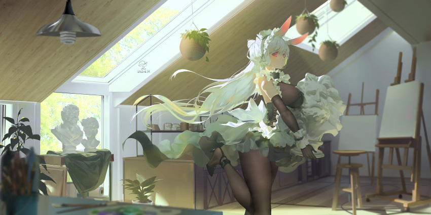 1girl absurdres animal_ears black_dress breasts dress elbow_gloves frilled_hairband frills gloves hairband highres indoors large_breasts long_hair original pantyhose pink_eyes rabbit_ears ribao solo standing standing_on_one_leg very_long_hair white_hair wrist_cuffs