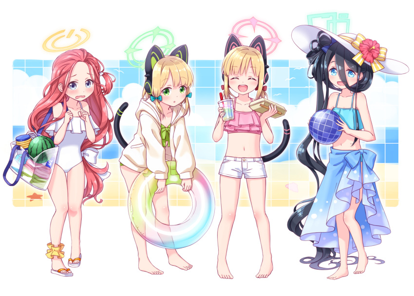 4girls :d :o ^_^ animal_ears arisu_(blue_archive) bag ball bangs bare_arms bare_legs bare_shoulders barefoot beachball bikini black_hair blonde_hair blue_archive blue_bikini blue_eyes blush bow casual_one-piece_swimsuit cat_ear_headphones cat_ears cat_tail chopsticks closed_eyes collarbone commentary_request cup day disposable_cup drinking_straw eyebrows_visible_through_hair fake_animal_ears flower forehead green_bikini green_eyes hair_between_eyes halo hands_up harada_(sansei_rain) hat hat_flower headphones hibiscus highres holding holding_ball holding_chopsticks holding_cup holding_innertube hood hood_down hooded_jacket innertube jacket long_hair midori_(blue_archive) momoi_(blue_archive) multiple_girls navel one-piece_swimsuit open_clothes open_jacket parted_lips pink_bikini red_flower redhead sandals sarong short_shorts shorts shoulder_bag side_ponytail smile standing striped striped_bow sun_hat swimsuit tail transparent very_long_hair wavy_mouth white_footwear white_headwear white_jacket white_shorts white_swimsuit yellow_bow yuzu_(blue_archive)