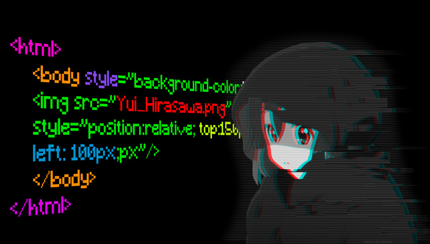 1girl black_background chromatic_aberration highres hirasawa_yui html k-on! non-web_source simple_background solo third-party_edit