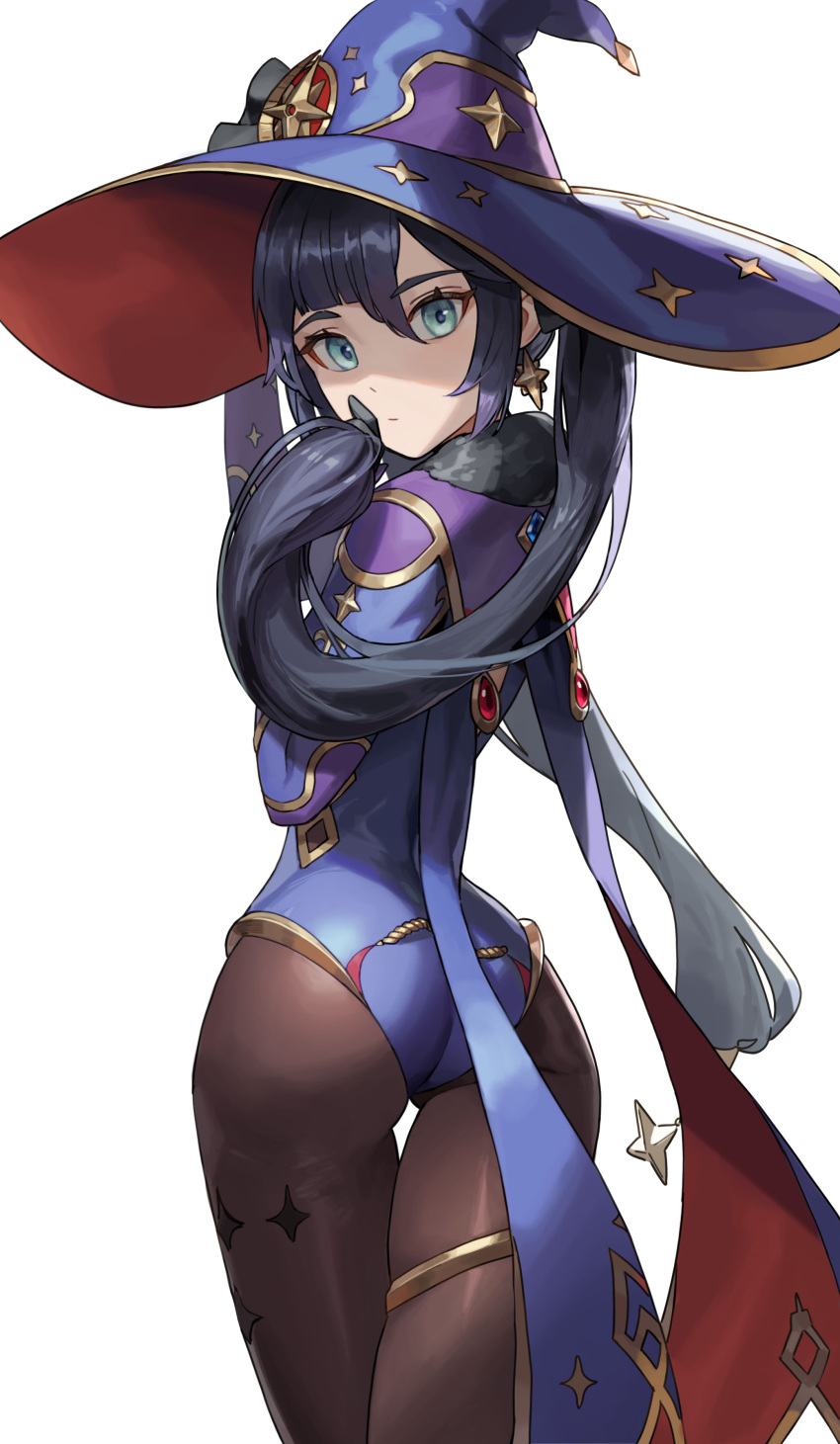 1girl absurdres ass asymmetrical_bangs bad_id bad_twitter_id bangs black_hair blue_leotard brown_legwear capelet cotta_(heleif) cowboy_shot earrings floating_hair from_behind genshin_impact gold_trim green_eyes hair_between_eyes hair_ornament hat hat_ornament highres jewelry leotard long_hair looking_at_viewer looking_back mona_(genshin_impact) pantyhose simple_background solo sparkle_print star_(symbol) star_earrings star_hair_ornament star_hat_ornament thigh_gap thighlet twintails white_background witch_hat