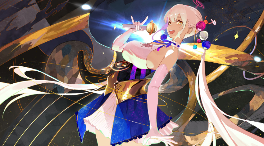 1girl backless_outfit blonde_hair breasts dark-skinned_female dark_skin elbow_gloves gloves hair_ornament halter_top halterneck highres holocouncil hololive hololive_english large_breasts light_brown_hair long_hair looking_at_viewer microphone multicolored_hair open_mouth planet_hair_ornament roupo99 skin_tight smile tsukumo_sana twintails underbust very_long_hair virtual_youtuber white_gloves yellow_eyes