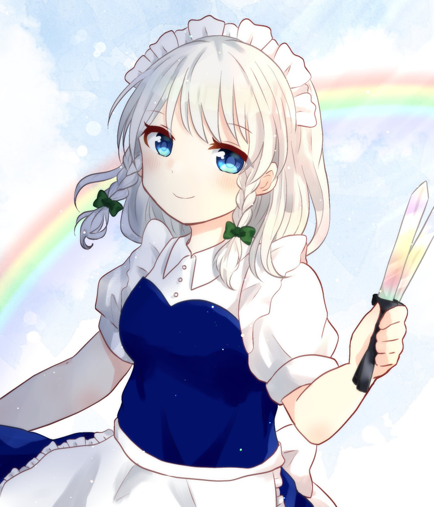 1girl apron blue_dress braid closed_mouth commentary_request dress frilled_apron frills happy highres holding holding_knife izayoi_sakuya knife maid maid_apron maid_headdress one-hour_drawing_challenge pppia725 puffy_short_sleeves puffy_sleeves rainbow rainbow_gradient short_sleeves smile solo touhou twin_braids unconnected_marketeers waist_apron white_apron white_hair