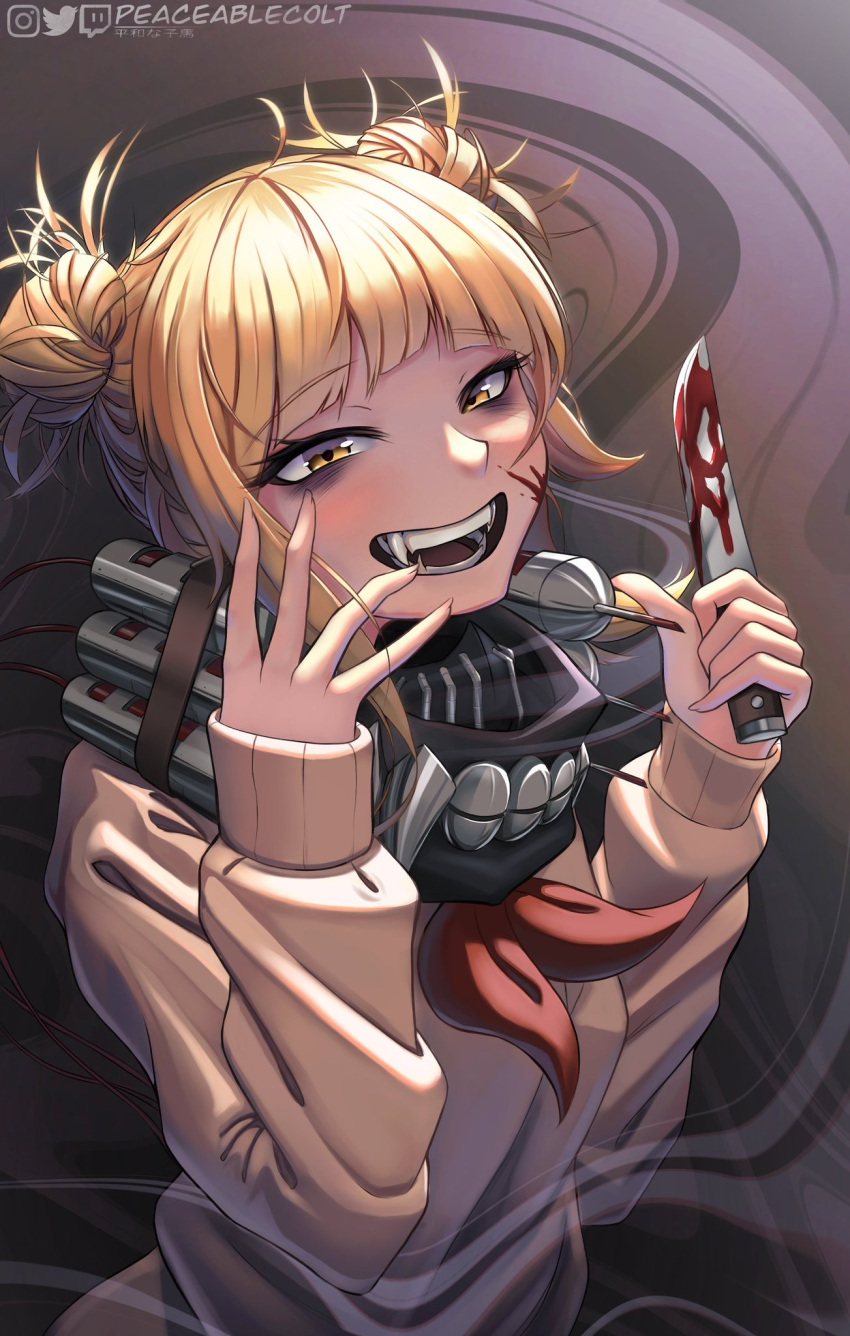 1girl artist_name bangs blonde_hair blood boku_no_hero_academia brown_background commentary dagger double_bun dress english_commentary eyebrows_visible_through_hair fangs hand_up highres holding holding_weapon knife long_sleeves peaceablecolt ribbon sailor_dress school_uniform serafuku short_hair signature solo sweater toga_himiko twitter_username uniform weapon yellow_eyes