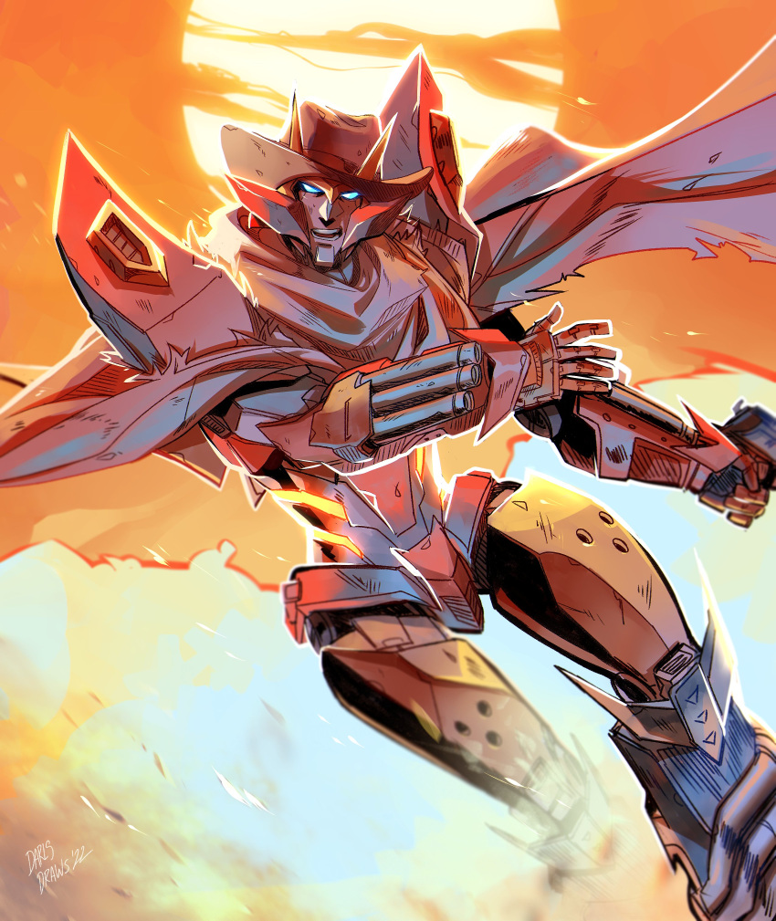 1boy 2022 absurdres autobot blue_eyes brown_cloak brown_headwear cloak cowboy_hat english_commentary gun hat highres holding holding_gun holding_weapon lina_rojas male_focus mecha no_humans open_hand open_mouth rodimus running smoke solo sunset the_transformers_(idw) transformers weapon western_comics_(style)