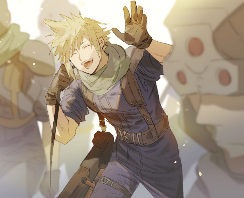 4boys belt blonde_hair blue_pants blue_shirt closed_eyes cloud_strife commentary final_fantasy final_fantasy_vii gloves gun_case hair_between_eyes helmet highres holding holding_weapon lower_teeth mikuroron multiple_boys open_mouth pants shirt sleeves_rolled_up smile spiky_hair suspenders teeth thigh_strap upper_body upper_teeth waving weapon white_background younger