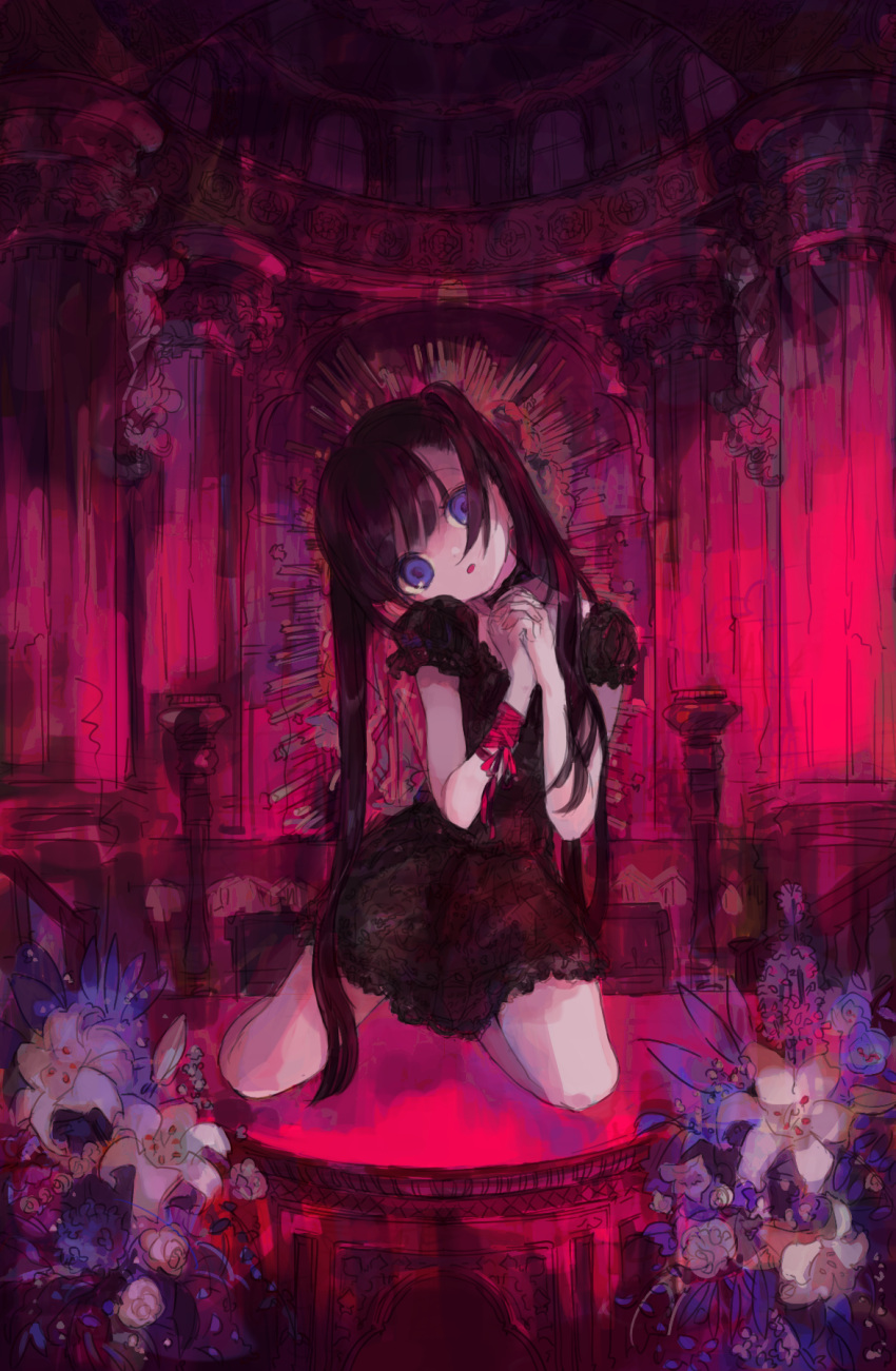 1girl bangs black_dress black_hair blue_eyes church column dress flower frilled_dress frills head_tilt highres indoors kneeling lily_(flower) long_hair open_mouth original own_hands_clasped own_hands_together pillar praying puffy_short_sleeves puffy_sleeves purple_theme qwok32 ribbon short_sleeves solo swept_bangs twintails