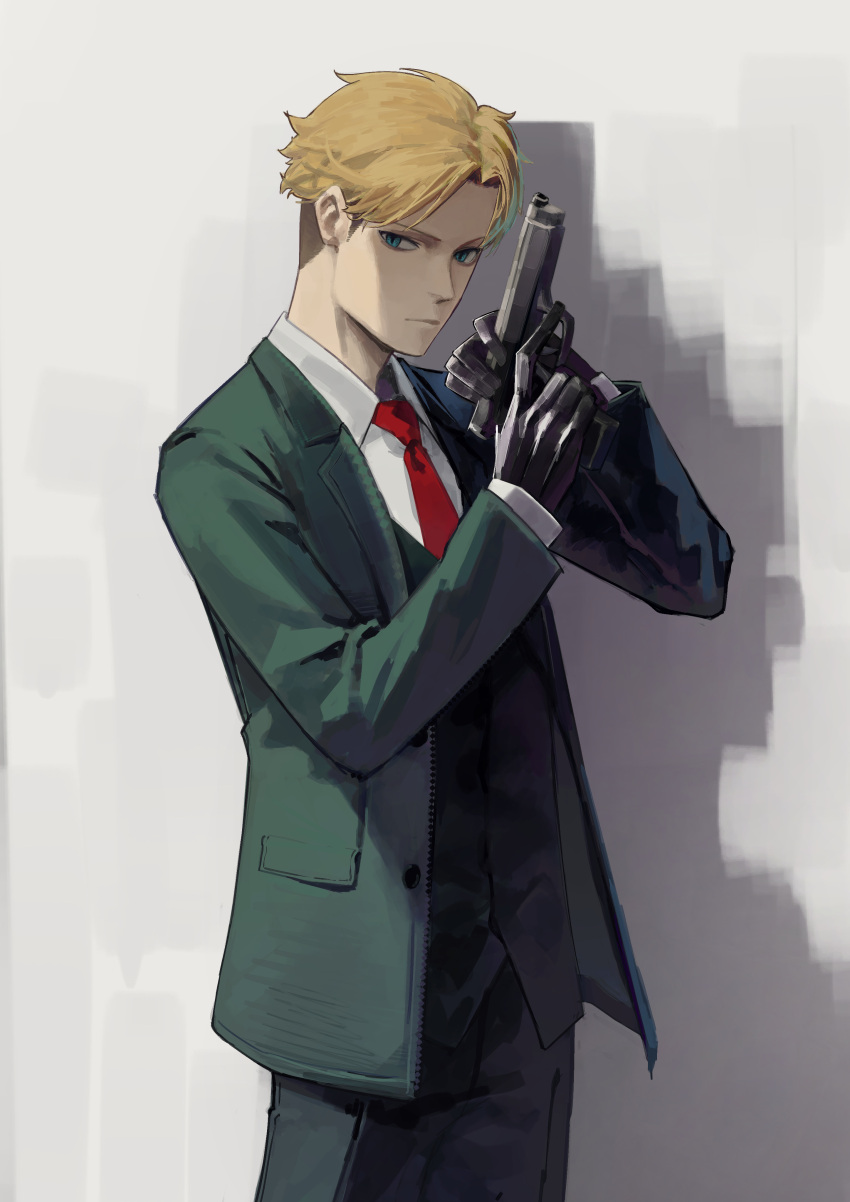 1boy absurdres black_gloves black_vest blonde_hair blue_eyes collared_shirt commentary formal gloves green_jacket grey_background gun handgun highres holding holding_gun holding_weapon jacket long_sleeves looking_at_viewer male_focus necktie pistol red_necktie shadow shirt short_hair solo spy_x_family suit suit_jacket twilight_(spy_x_family) undercut very_short_hair vest waistcoat weapon weapon_request white_shirt yoon_cook