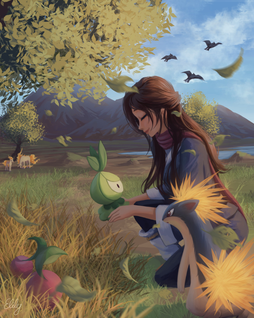 1girl absurdres brown_hair character_request closed_eyes day elily english_commentary hair_pulled_back highres japanese_clothes leaf mountainous_horizon multiple_others one_knee outdoors pokemon pokemon_(creature) pokemon_(game) pokemon_legends:_arceus ponyta quilava rapidash red_scarf scarf smile solo_focus tree