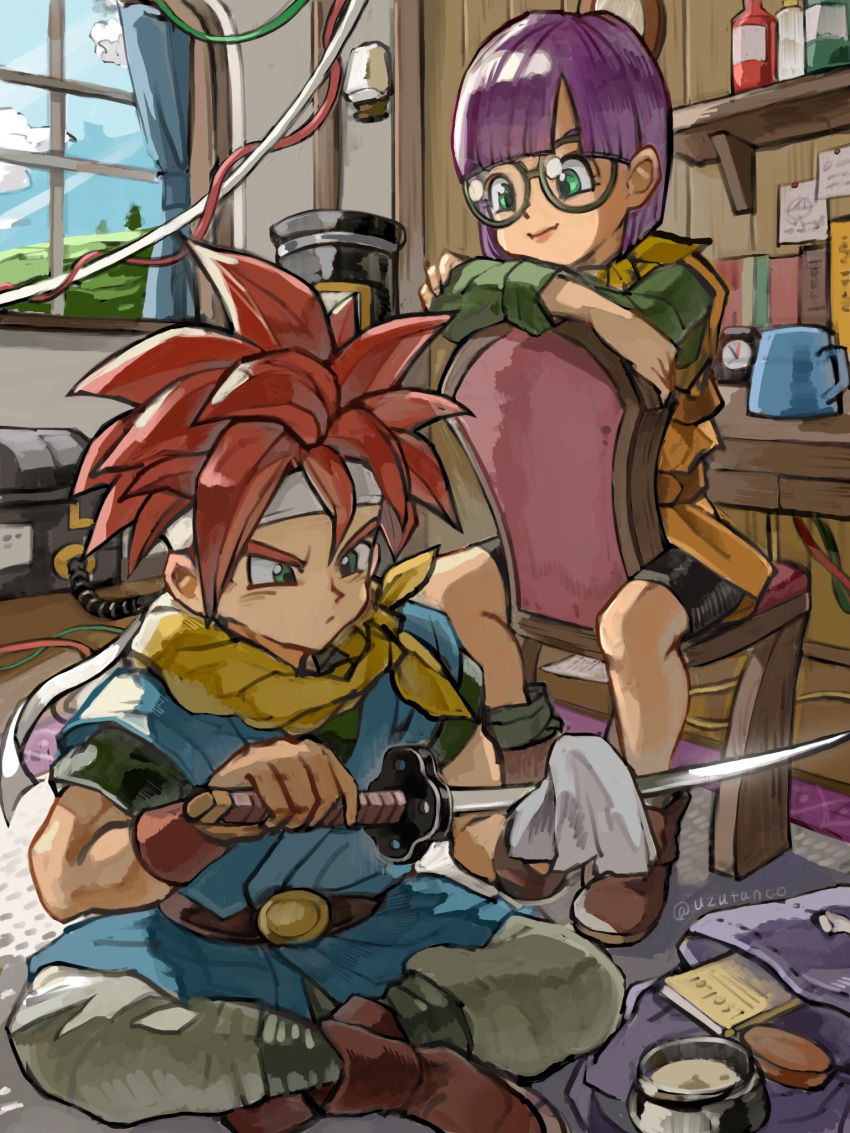 bag belt black_shirt black_shorts blue_tunic boots bottle chair chrono_trigger cloth crono_(chrono_trigger) crossed_arms crossed_legs curtains full_body glasses green_eyes green_shirt grey_pants hair_between_eyes headband highres kettle lucca_ashtear neckerchief pants polishing purple_hair redhead shelf shirt short_hair short_sleeves shorts sitting sitting_backwards spiky_hair sword uzutanco weapon white_headband window wrist_cuffs yellow_neckerchief yellow_tunic