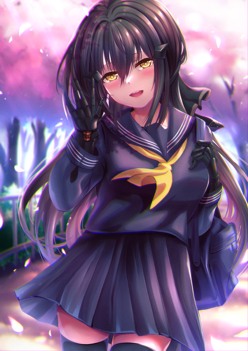 1girl arm_up bangs black_hair black_legwear black_shirt black_skirt blush dandelion_(girls'_frontline) eyebrows_visible_through_hair feet_out_of_frame girls_frontline hair_ornament hairclip highres long_hair looking_at_viewer mechanical_arms nyto_(girls'_frontline) open_mouth paradeus parted_lips petals school_uniform serafuku shirt skirt smile solo standing teeth thigh-highs upper_teeth xlscaler yellow_eyes