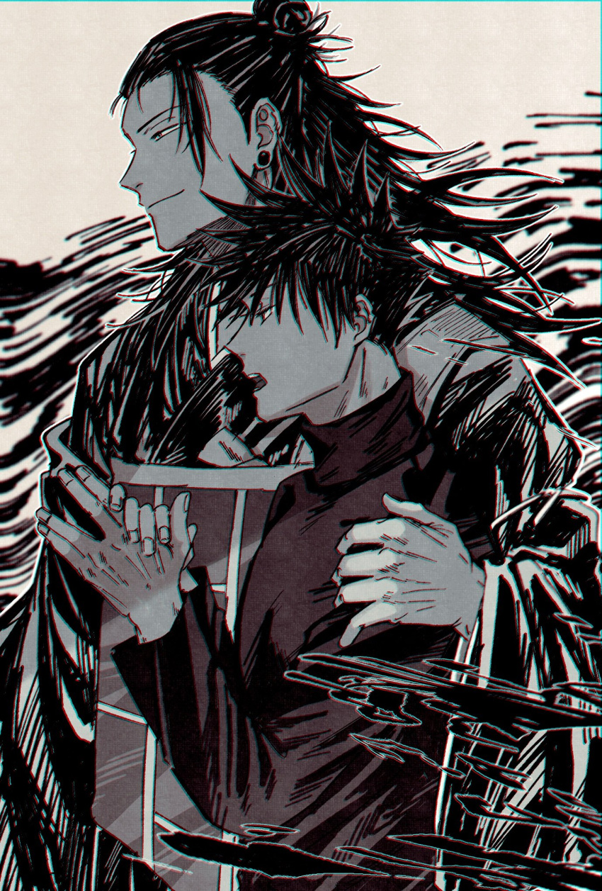 2boys black_hair commentary_request evil_smile fingernails fushiguro_megumi fushirun_rung getou_suguru hair_bun hand_on_another's_shoulder highres japanese_clothes jujutsu_kaisen kesa kimono long_hair long_sleeves looking_to_the_side male_focus monochrome multiple_boys open_mouth own_hands_together plug_(piercing) short_hair smile spiky_hair sweater turtleneck turtleneck_sweater wide_sleeves