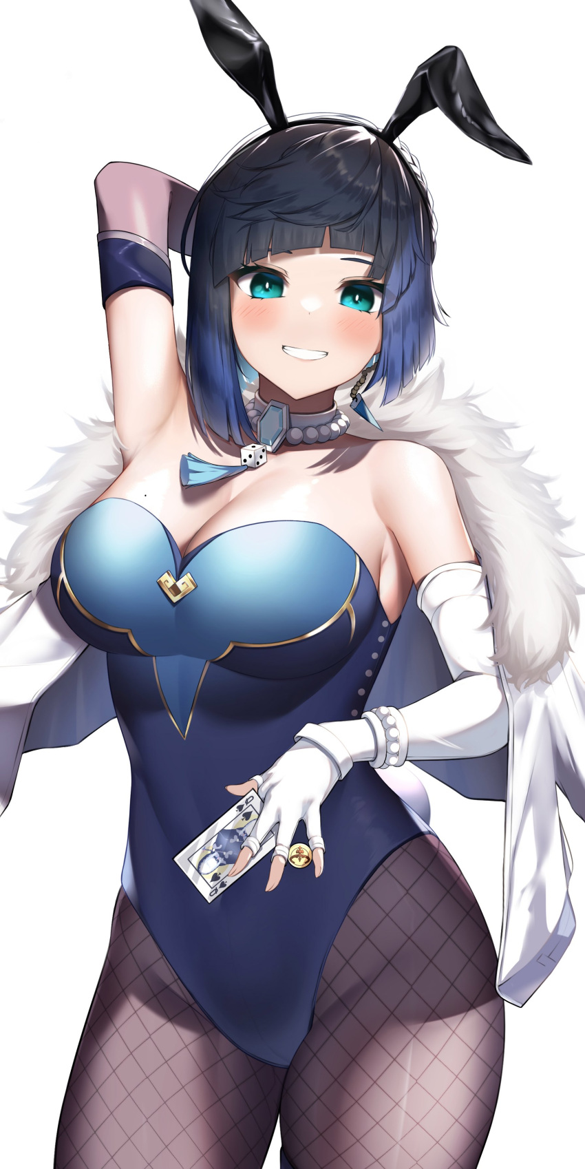 1girl absurdres animal_ears arm_behind_head bangs blue_leotard blunt_bangs blush bob_cut breasts card character_request commentary_request covered_navel cropped_legs dice elbow_gloves fake_animal_ears fake_tail fingerless_gloves fur-trimmed_jacket fur_trim gem genshin_impact gloves green_eyes grin highres hiragi_paint jacket leotard looking_at_viewer medium_breasts playboy_bunny poker short_hair simple_background smile solo strapless strapless_leotard sweat tail tassel thigh_strap white_background white_gloves white_jacket
