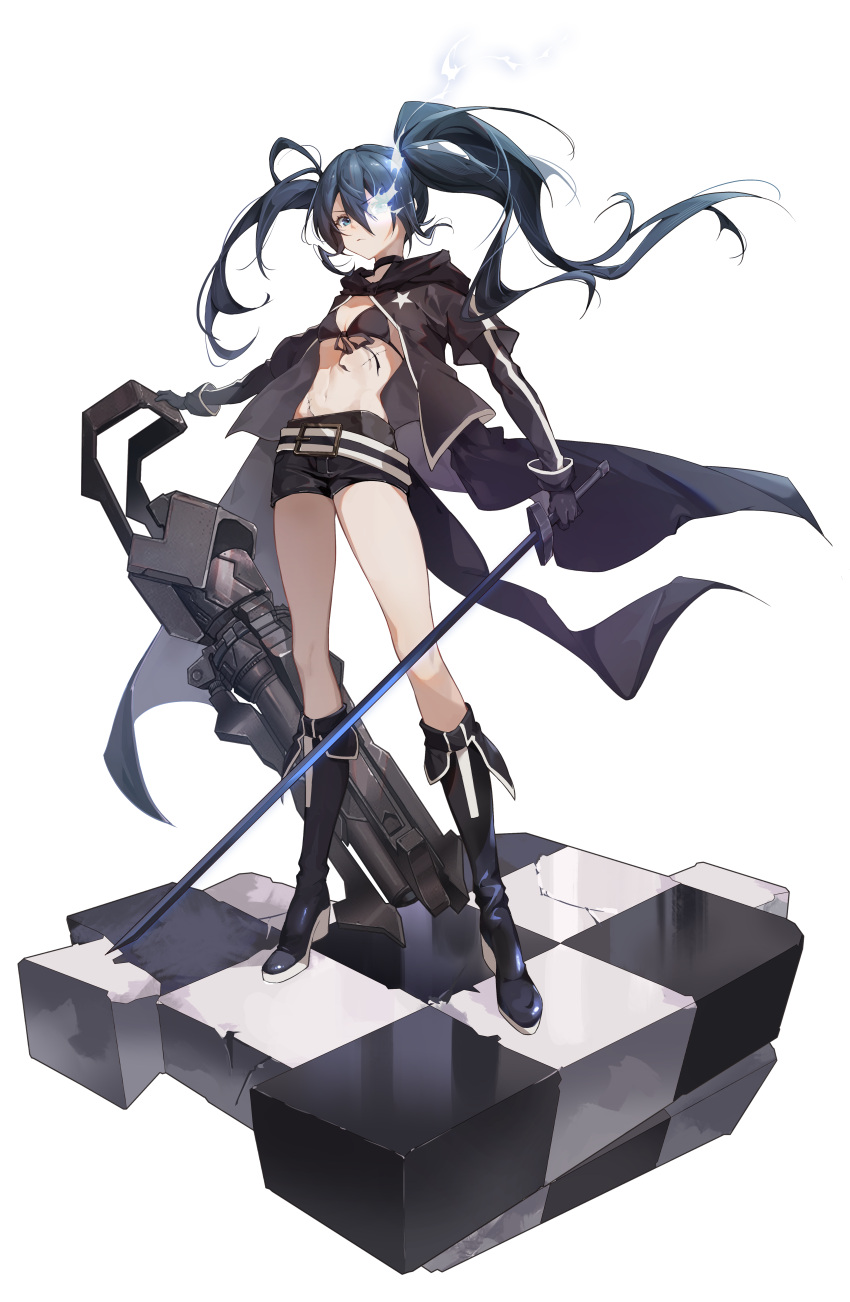 1girl absurdres arm_cannon bikini black_hair black_rock_shooter black_rock_shooter_(character) black_shorts blue_eyes caaaaarrot chain dual_persona flaming_eye glowing glowing_eye highres katana long_hair midriff pale_skin scar shorts swimsuit sword twintails uneven_twintails vocaloid weapon