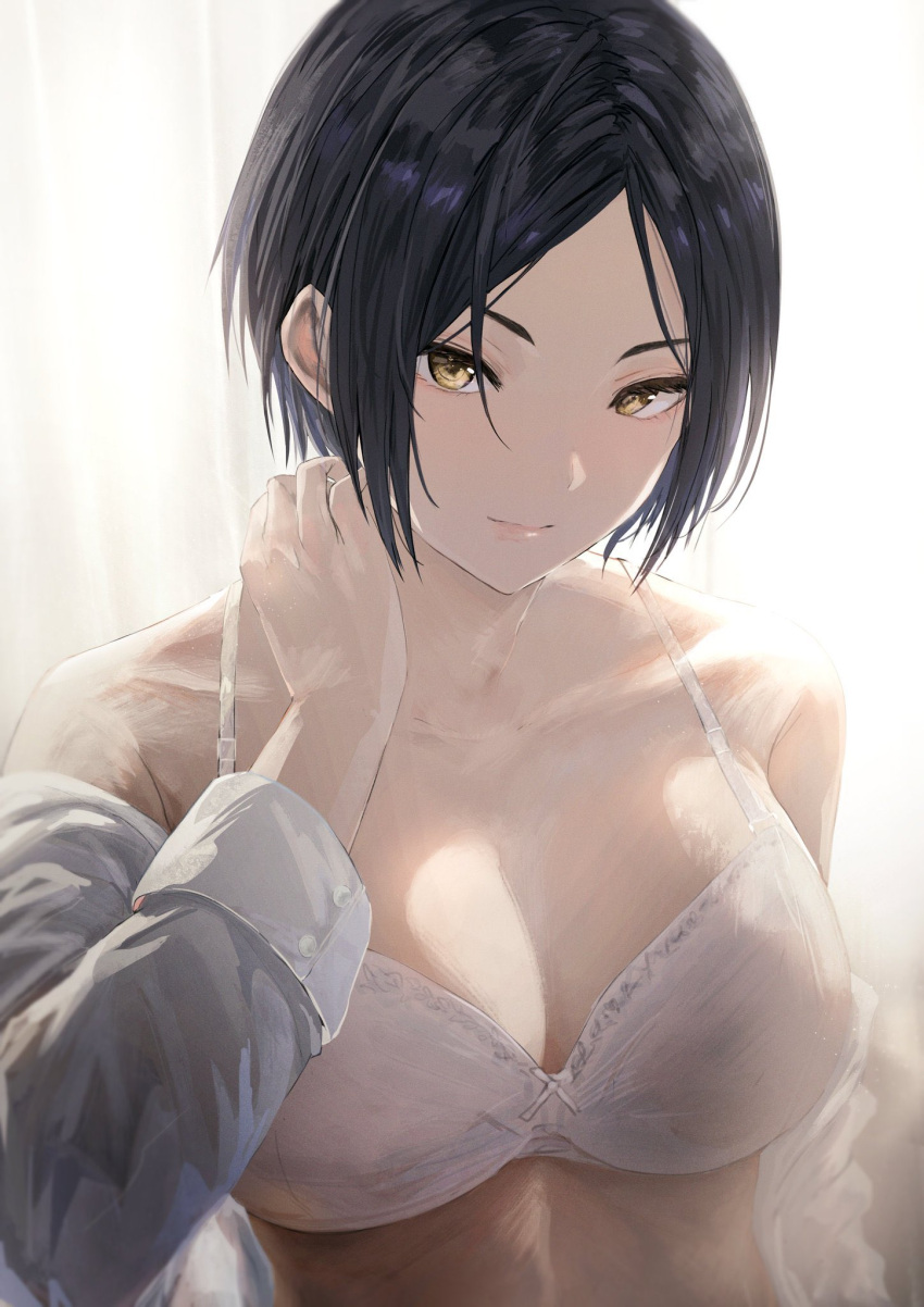 1girl bangs black_hair bra breasts collarbone hayami_kanade highres idolmaster idolmaster_cinderella_girls large_breasts light_smile looking_at_viewer misaki_nonaka parted_bangs shirt solo underwear upper_body white_bra white_shirt