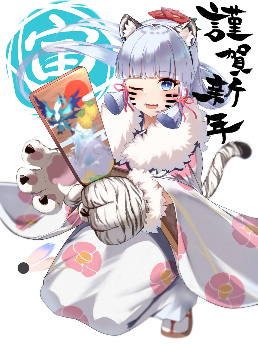 1girl absurdres animal_ears animal_hands blue_eyes blush character_request commentary_request floral_print full_body fur-trimmed_gloves fur-trimmed_kimono fur_trim genshin_impact gloves highres hiragi_paint holding japanese_clothes kimono light_brown_hair long_hair long_sleeves one_eye_closed open_mouth paw_gloves sandals simple_background socks solo tail tiger_tail translation_request white_kimono white_legwear wide_sleeves