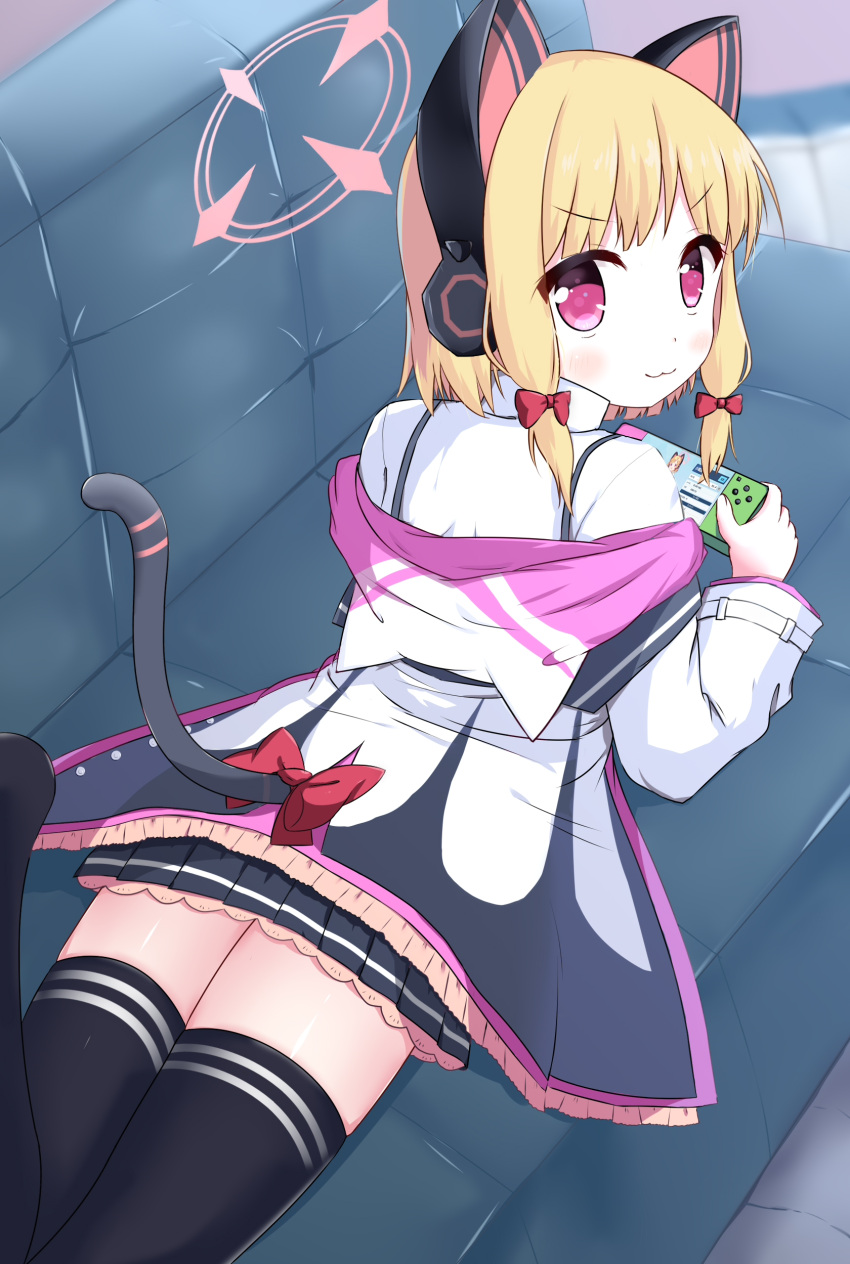 1girl :3 absurdres animal_ears bangs black_legwear black_skirt blonde_hair blue_archive blush bow cat_ear_headphones cat_ears cat_tail closed_mouth collared_shirt couch eyebrows_visible_through_hair fake_animal_ears from_above from_behind hair_bow halo handheld_game_console headphones highres holding jacket leg_up long_sleeves looking_at_viewer looking_back looking_up lying meta momoi_(blue_archive) no_shoes on_couch on_stomach pleated_skirt red_bow shirt sidelocks skirt solo tail thigh-highs v-shaped_eyebrows violet_eyes white_jacket white_shirt xiaosamiao