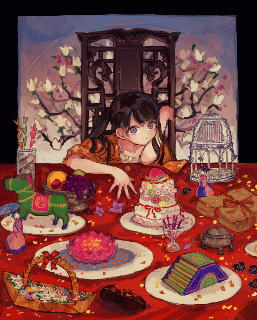 1girl basket black_hair cake censer chair doll elbow_rest elbows_on_table figure floral_print flower food fruit fruit_bowl grey_eyes highres incense incense_burner looking_at_viewer original plate qwok32 smile solo table twintails