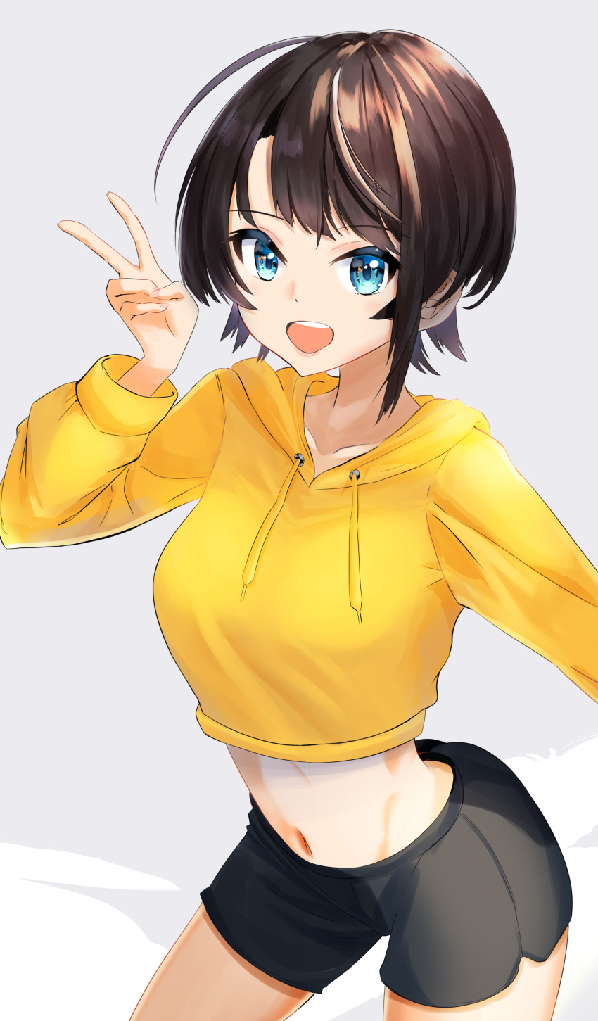 :d absurdres bangs black_shorts blue_eyes brown_hair cowboy_shot cropped_sweater grey_background highres hololive hood hooded_sweater lazurite_(user_8870367) looking_at_viewer midriff navel oozora_subaru short_hair shorts simple_background smile sweater swept_bangs v virtual_youtuber yellow_sweater