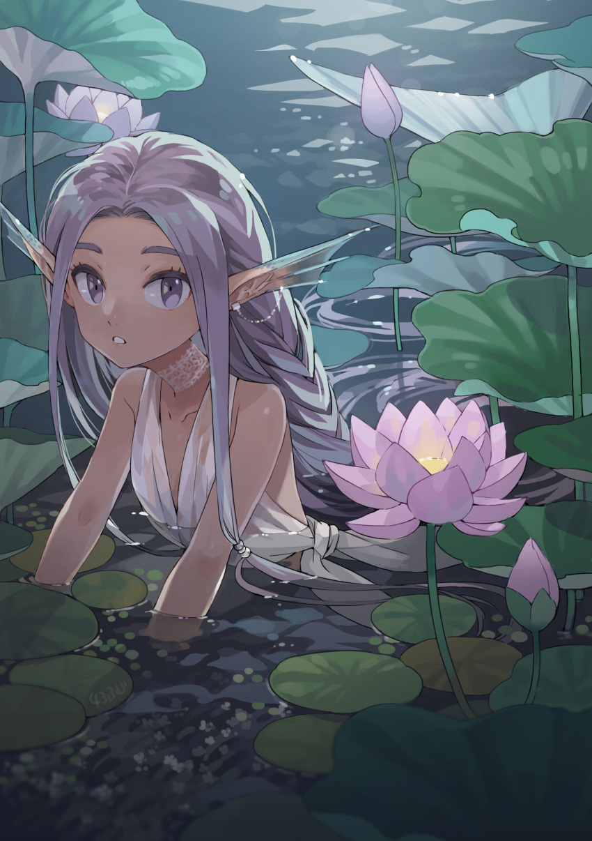 1girl 43 :o absurdres animal_ears bare_shoulders braid braided_ponytail bud choker ear_piercing eyelashes flower halterneck head_fins highres lace lace_choker leaf lily_pad linked_piercing long_hair looking_at_viewer mermaid monster_girl nature night original outdoors partially_submerged piercing pink_flower pond purple_hair shirt side-tie_shirt single_braid sleeveless solo upper_body violet_eyes water white_shirt