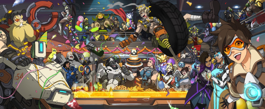 alcohol ana_(overwatch) arm_tattoo armor balloon bandaged_leg bandages bastion_(overwatch) beard bird black_hair blonde_hair bodysuit brown_hair building burn_scar cake cake_slice cape cassidy_(overwatch) champagne champagne_bottle chest_harness closed_mouth collared_shirt confetti crossed_legs cup d.va_(overwatch) dark-skinned_female dark-skinned_male dark_skin doomfist_(overwatch) dress drinking_glass explosive eyepatch facial_hair facial_tattoo fang fire flag food gauntlets genji_(overwatch) gloves goggles grenade hanzo_(overwatch) harness hat highres junkrat_(overwatch) long_dress looking_at_another looking_at_viewer looking_to_the_side lucio_(overwatch) mature_female mature_male mei_(overwatch) mercy_(overwatch) microphone multicolored_hair multiple_boys multiple_girls music old old_man open_mouth orisa_(overwatch) overwatch pants party party_hat pharah_(overwatch) pink_hair prosthesis prosthetic_arm prosthetic_leg reaper_(overwatch) reinhardt_(overwatch) roadhog_(overwatch) robot scar scar_across_eye shirt singing sitting skirt soldier:_76_(overwatch) sombra_(overwatch) spiky_hair stairs symmetra_(overwatch) table tattoo teeth tight tongue topless topless_male torbjorn_(overwatch) tracer_(overwatch) tusks wheel white_hair widowmaker_(overwatch) wine wine_glass winston_(overwatch) zarya_(overwatch) zenyatta_(overwatch)