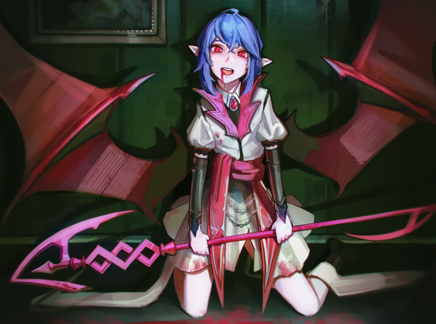 1girl bat_wings blood blood_in_mouth blue_hair commentary dress eximmetry full_body highres holding holding_staff kneeling looking_at_viewer medium_hair pointy_ears puffy_short_sleeves puffy_sleeves red_eyes remilia_scarlet short_sleeves slit_pupils solo staff touhou vampire white_dress wings