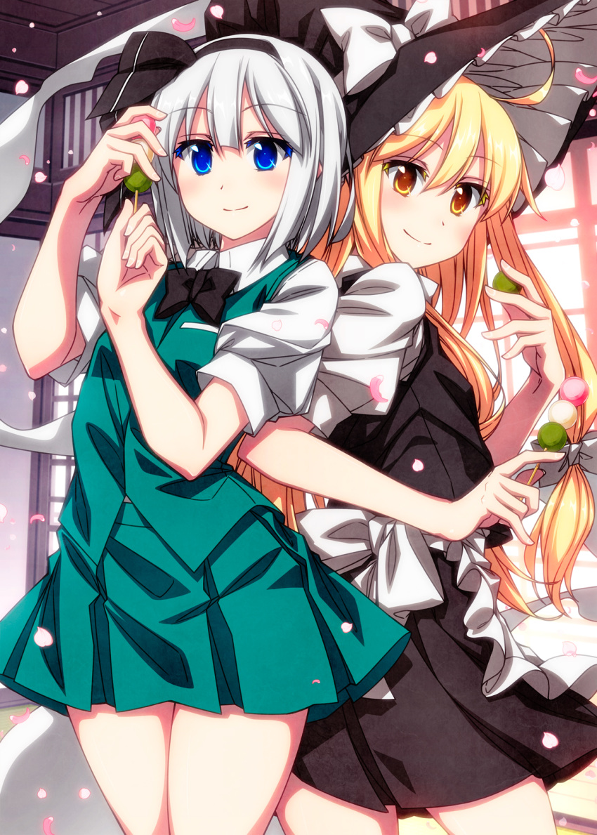 2girls ahoge apron arm_up back_bow bangs black_bow black_bowtie black_dress black_hairband black_headwear black_ribbon blonde_hair blush bow bowtie breasts closed_mouth collared_shirt commentary_request dango door dress eyebrows_visible_through_hair fingernails food frills from_behind ghost grass green_skirt green_vest hair_between_eyes hairband hands_up hat hat_bow highres hitodama house kirisame_marisa konpaku_youmu konpaku_youmu_(ghost) long_hair looking_at_viewer looking_back medium_breasts multiple_girls petals pocket puffy_short_sleeves puffy_sleeves ribbon sazanami_mio shirt short_hair short_sleeves silver_hair skirt smile standing touhou vest wagashi wall white_apron white_bow white_shirt window witch_hat
