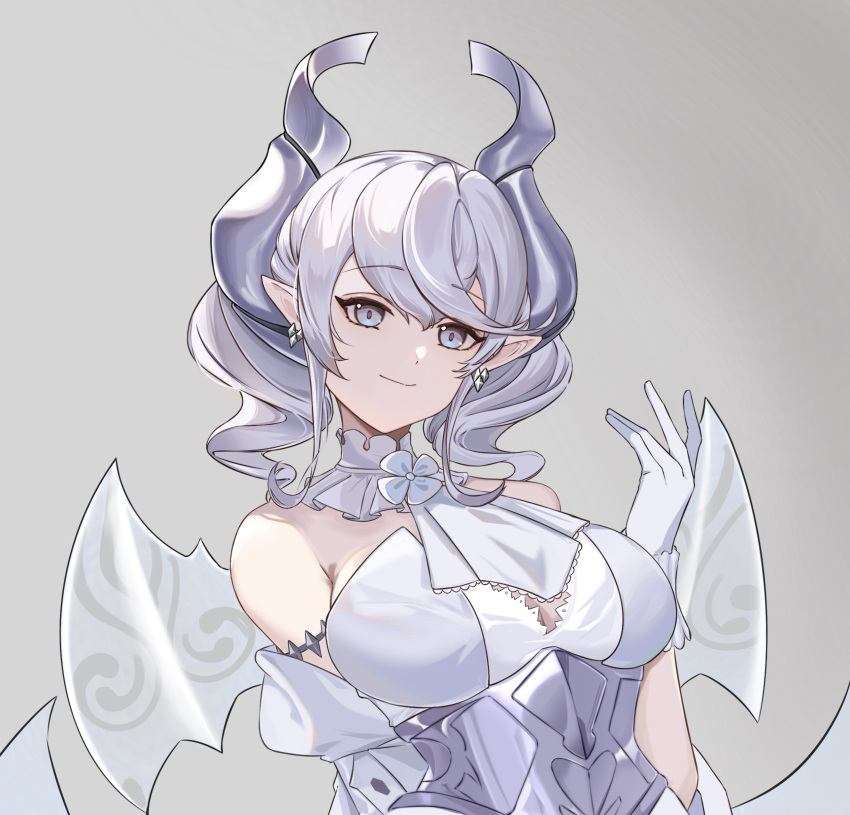 1girl absurdres bako_(xpohyfeng) breasts choker closed_mouth corset duel_monster earrings gloves grey_eyes hair_between_eyes highres jewelry labrynth_of_the_silver_castle pointy_ears silver_hair simple_background solo twintails white_gloves wings yu-gi-oh!