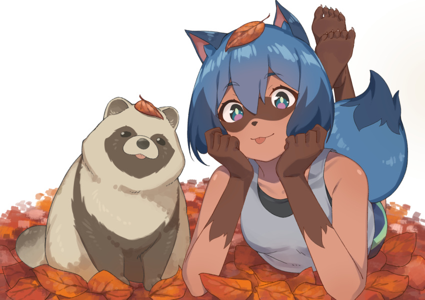 1girl :3 :p animal animal_ears arm_support bangs black_tank_top blue_eyes blue_hair blue_shorts bob_cut body_fur brand_new_animal breasts claws closed_mouth dark-skinned_female dark_skin eyelashes feet_up furry furry_female hair_between_eyes hands_on_own_face head_rest highres imori_(lizzy) kagemori_michiru leaf leaf_on_head looking_at_viewer lying multicolored_eyes multicolored_hair on_stomach raccoon_ears raccoon_girl raccoon_tail raised_eyebrows short_hair shorts simple_background small_breasts smile soles solo symbol-only_commentary tail tank_top tanuki the_pose toes tongue tongue_out two-tone_hair violet_eyes w_arms white_background white_tank_top
