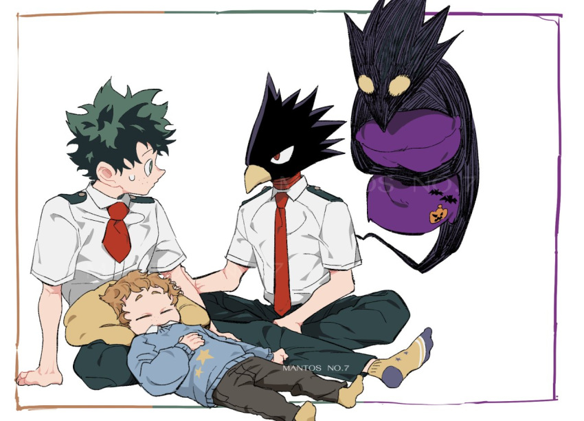 3boys animal_head arm_support artist_name beak bird_boy black_pants blue_sweater boku_no_hero_academia child commentary_request dark_shadow eye_contact floating freckles full_body green_eyes green_hair green_pants hand_on_another's_arm hand_on_ground holding holding_pillow lap_pillow looking_at_another lying male_focus mantos_no.7 midoriya_izuku multiple_boys necktie on_back pants pillow red_eyes red_necktie shimano_katsuma shirt short_sleeves simple_background sitting socks sweat sweater thai_commentary tokoyami_fumikage watermark white_background white_shirt yellow_legwear
