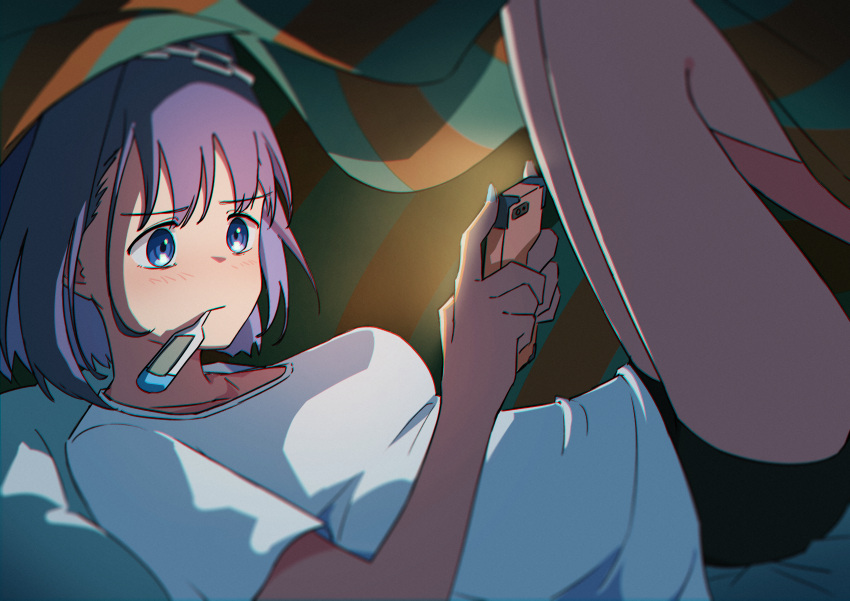 1girl absurdres bare_legs black_shorts blush cellphone chromatic_aberration closed_mouth commentary english_commentary highres holding holding_phone hololive in_mouth jl_tan knees_up on_bed ouro_kronii phone purple_hair shirt short_hair short_sleeves shorts smartphone solo thermometer under_covers violet_eyes virtual_youtuber white_shirt