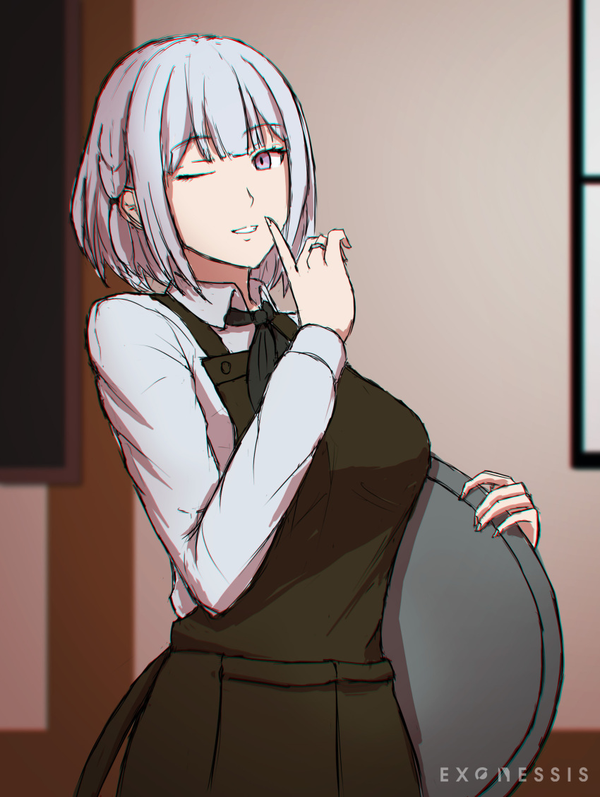 1girl absurdres alternate_costume apron artist_name bangs breasts brown_apron exonessis eyebrows_visible_through_hair finger_to_mouth girls_frontline highres holding holding_tray looking_at_viewer medium_breasts neck_ribbon one_eye_closed open_mouth ribbon rpk-16_(girls'_frontline) shirt short_hair shushing silver_hair simple_background smile solo teeth tray upper_body violet_eyes white_shirt