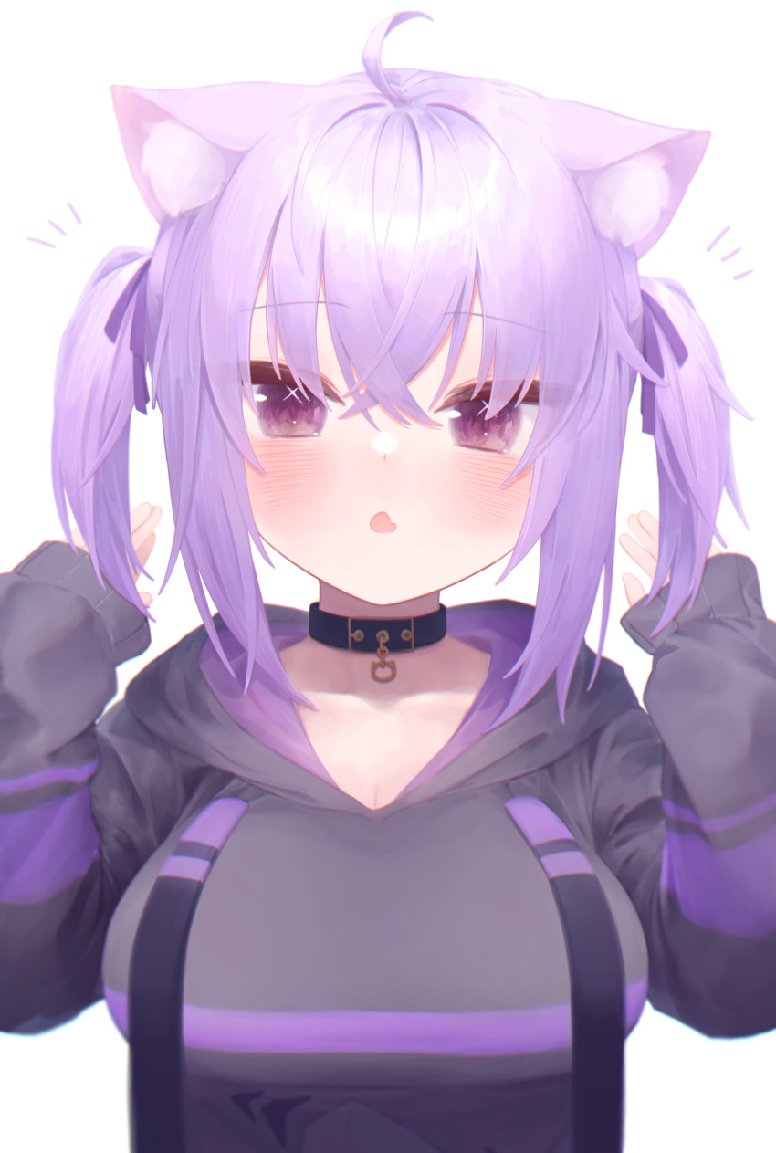 1girl :o absurdres alternate_hairstyle animal_ear_fluff animal_ears bangs black_collar black_hoodie blush breasts cat_ears collar commentary_request crossed_bangs eyebrows_visible_through_hair fang hair_ribbon hands_up highres hololive hood hood_down hoodie large_breasts looking_at_viewer nanome_to nekomata_okayu notice_lines purple_hair purple_ribbon ribbon sidelocks simple_background skin_fang sleeves_past_wrists solo straight-on tsurime twintails upper_body virtual_youtuber white_background