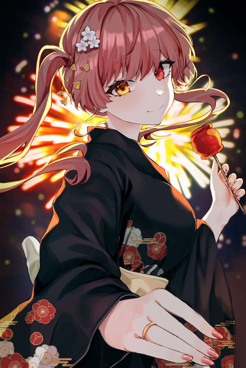 1girl absurdres black_kimono blurry blurry_background candy_apple commentary_request festival fireworks floating_hair floral_print flower food foreshortening hair_flower hair_ornament heterochromia highres hololive houshou_marine japanese_clothes jewelry kimono long_hair looking_at_viewer nail_polish obi pink_hair pink_nails red_eyes ring sash smile solo twintails ueng upper_body yellow_eyes