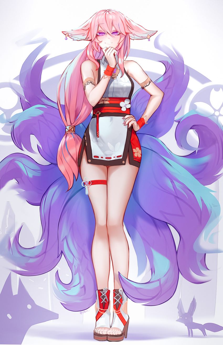 1girl absurdres animal_ears armlet bangs bare_arms bare_legs bare_shoulders commentary dress ehrrr english_commentary eyebrows_visible_through_hair fox_ears fox_tail full_body genshin_impact grin hair_between_eyes hand_on_hip high_heels highres long_hair looking_at_viewer low-tied_long_hair multiple_tails obi pink_hair red_sash sash short_dress sleeveless sleeveless_dress smile solo standing tail thigh_strap thighs very_long_hair violet_eyes white_dress white_footwear wristband yae_miko