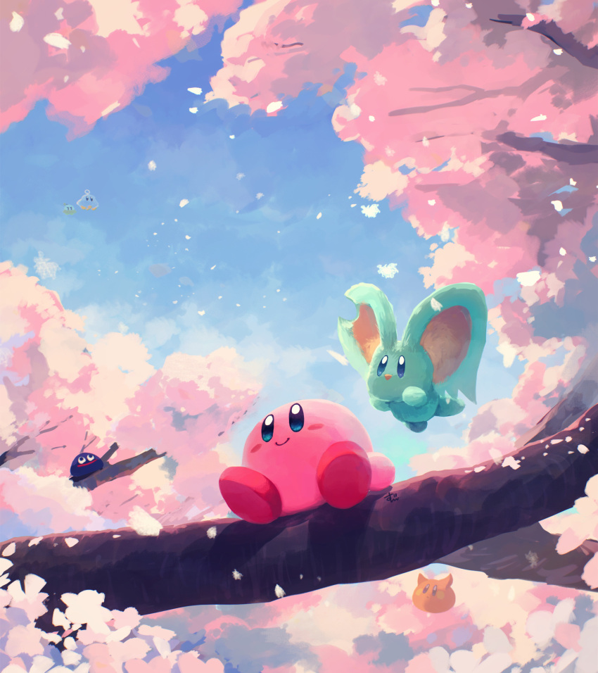 absurdres bandana_waddle_dee branch cherry_blossoms clouds cloudy_sky creature elfilin floating happy highres kirby kirby's_dream_land kirby_(series) kirby_and_the_forgotten_land looking_to_the_side oomoto_makiko outdoors petals sitting sky smile suyasuyabi tree