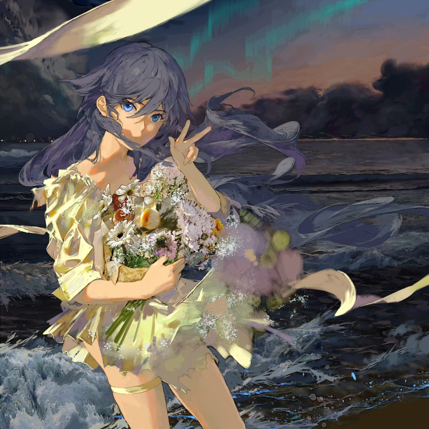 1girl bangs black_hair blue_eyes bouquet closed_mouth dress flower fu_hua highres holding holding_bouquet honkai_(series) honkai_impact_3rd long_hair looking_at_viewer night night_sky outdoors skavenprime sky solo v water white_flower yellow_dress