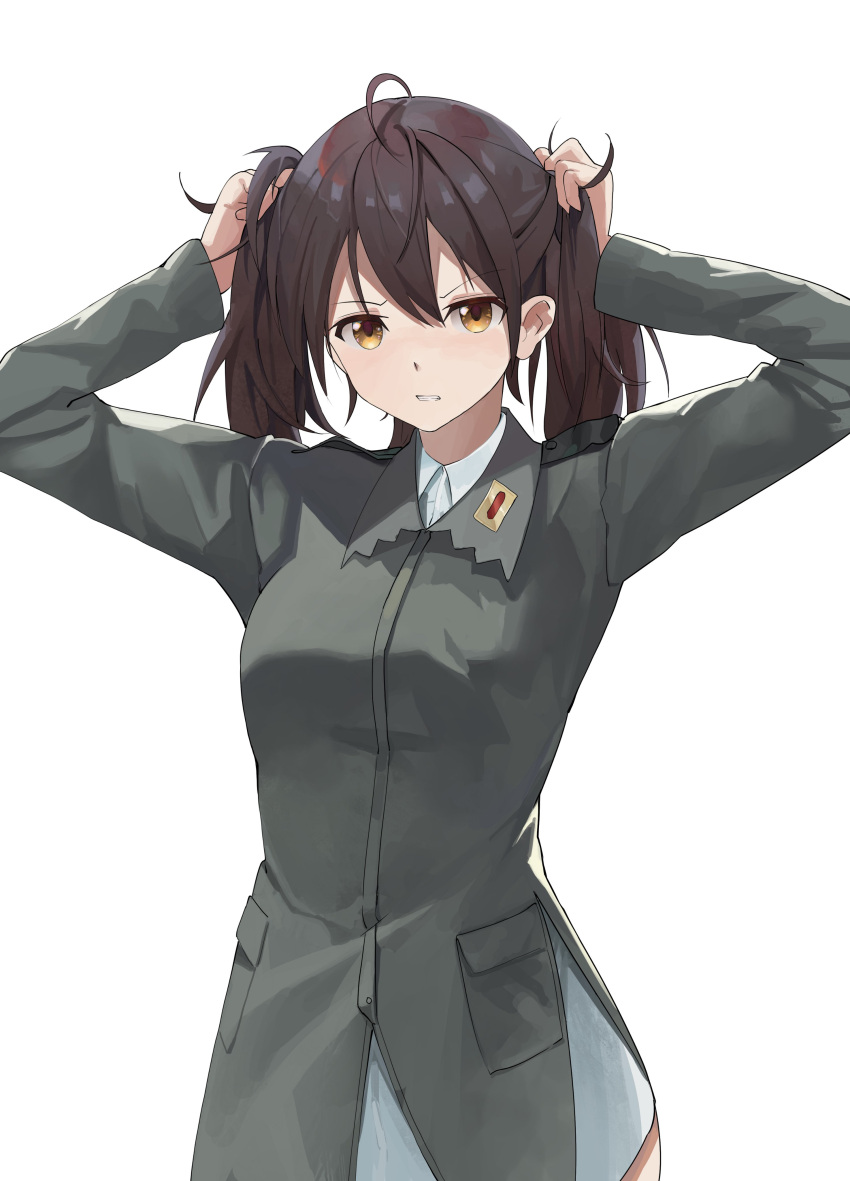 1girl absurdres ahoge alternate_hairstyle blush breasts brown_eyes brown_hair clenched_teeth cowboy_shot gertrud_barkhorn green_jacket hair_between_eyes hands_in_hair highres jacket light_blush looking_at_viewer medium_breasts military military_uniform nighttsound shirt solo strike_witches teeth twintails uniform white_background white_shirt world_witches_series
