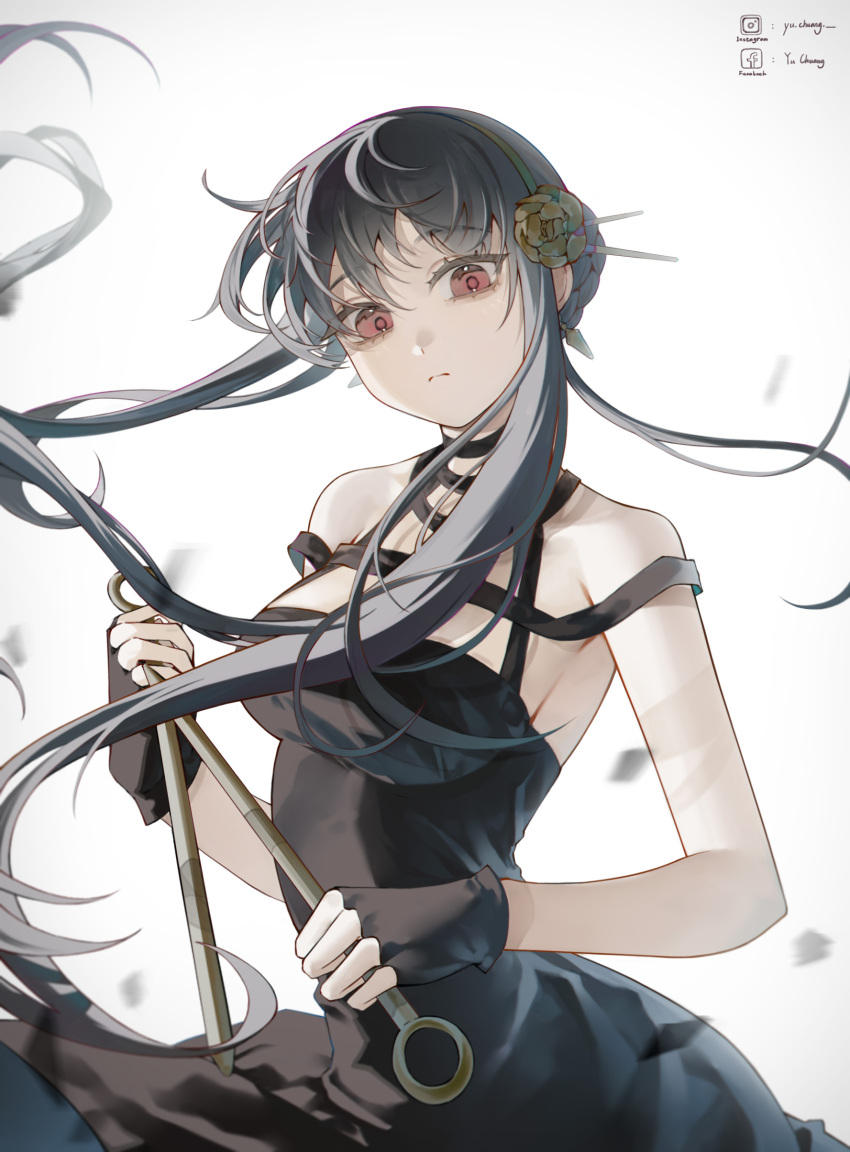 1girl absurdres bare_arms bare_shoulders black_gloves black_hair breasts closed_mouth debris fingerless_gloves flower gloves hair_bun hair_flower hair_ornament highres holding holding_weapon large_breasts long_hair looking_at_viewer muyu713 red_eyes simple_background solo spy_x_family strap_slip upper_body weapon white_background yellow_flower yor_briar