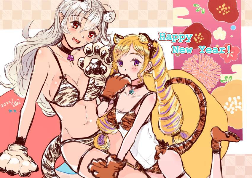 2girls animal_ears animal_print blonde_hair breasts chinese_zodiac corrin_(fire_emblem) corrin_(fire_emblem)_(female) drill_hair elise_(fire_emblem) fire_emblem fire_emblem_fates highres large_breasts long_hair looking_at_viewer multiple_girls mutsuki_nanami siblings sisters small_breasts tail tiger_ears tiger_print tiger_tail twin_drills upper_body white_hair year_of_the_tiger
