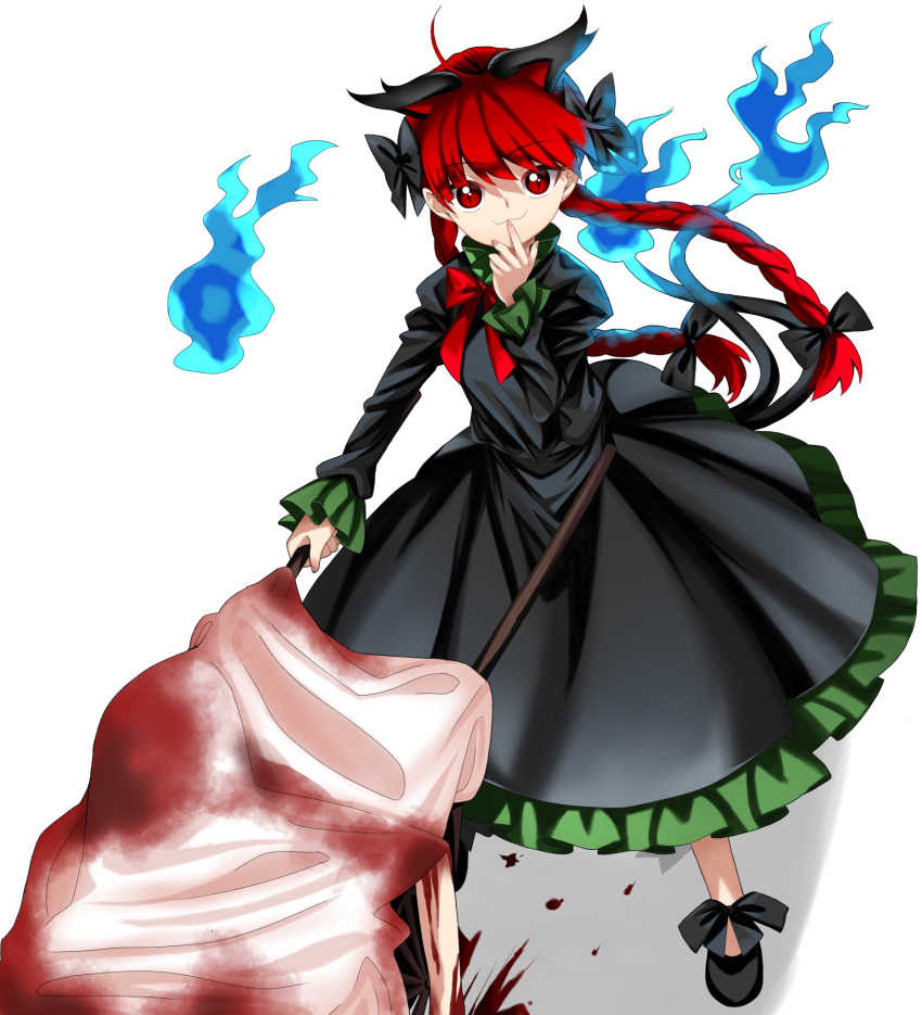 1girl animal_ears black_bow blood bow braid cat_ears cat_tail dress extra_ears finger_to_mouth fire full_body hair_bow highres hitodama kaenbyou_rin keiki8296 long_hair long_sleeves looking_at_viewer multiple_tails red_eyes redhead ribbon smile solo tail touhou twin_braids twintails wheelbarrow