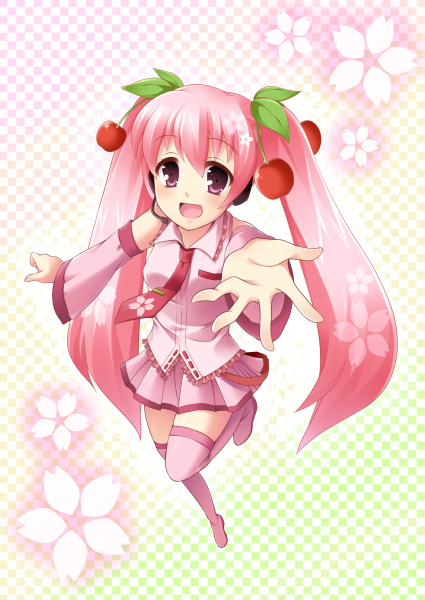 1girl absurdres alternate_color checkered_background cherry cherry_blossoms detached_sleeves food fruit hair_ornament hatsune_miku highres long_hair looking_at_viewer mashiro_yuki necktie open_mouth pink_eyes pink_legwear pink_shirt pink_skirt reaching_out sakura_miku shirt skirt smile solo twintails vocaloid
