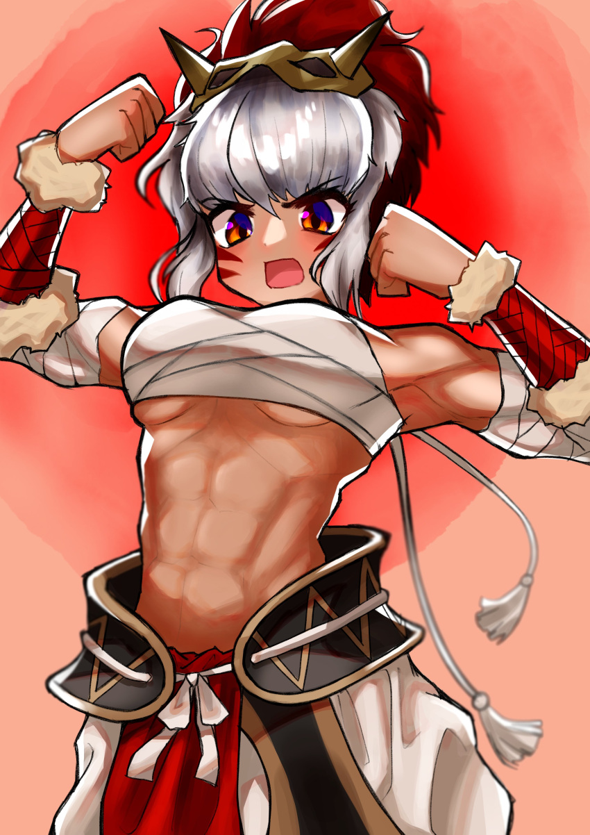 1girl abs absurdres bangs breasts fire_emblem fire_emblem_fates highres japanese_clothes lili_painter looking_at_viewer mask medium_breasts medium_hair muscular muscular_female oni_mask rinkah_(fire_emblem) sarashi solo upper_body