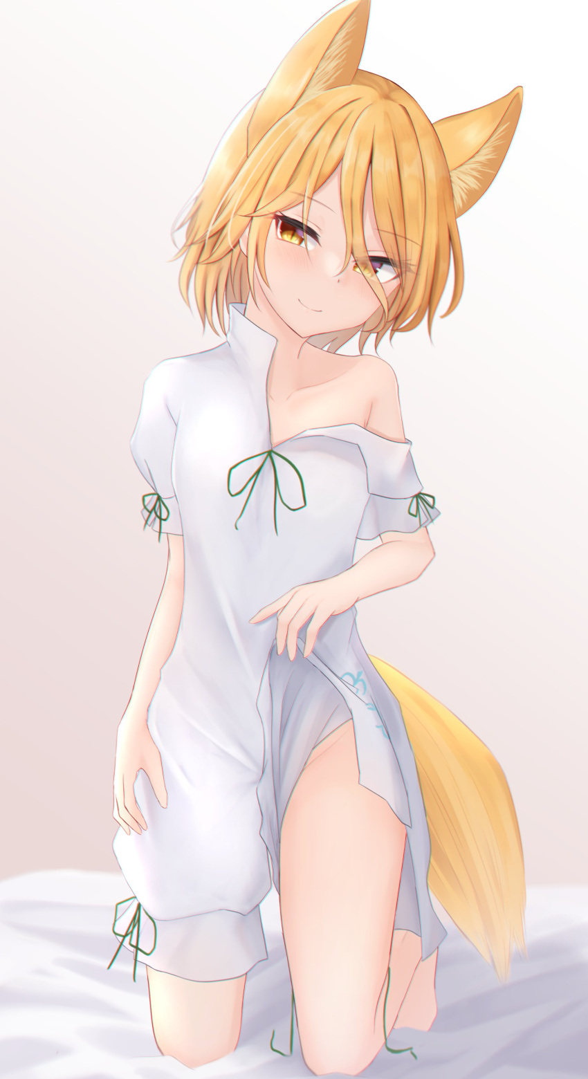 1girl absurdres animal_ears barefoot bed_sheet blonde_hair breasts closed_mouth clothes_lift commentary_request dakuazu eyebrows_visible_through_hair eyelashes eyes_visible_through_hair fox_ears fox_girl fox_tail green_ribbon happy highres kneeling kudamaki_tsukasa lifted_by_self ribbon romper short_hair short_sleeves small_breasts smile solo tail touhou untied white_romper yellow_eyes
